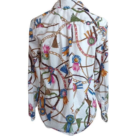 TALBOTS Cotton Shirt Blouse Top Medium Petite MP Equestrian Ribbons Bridle Chain - Picture 3 of 9
